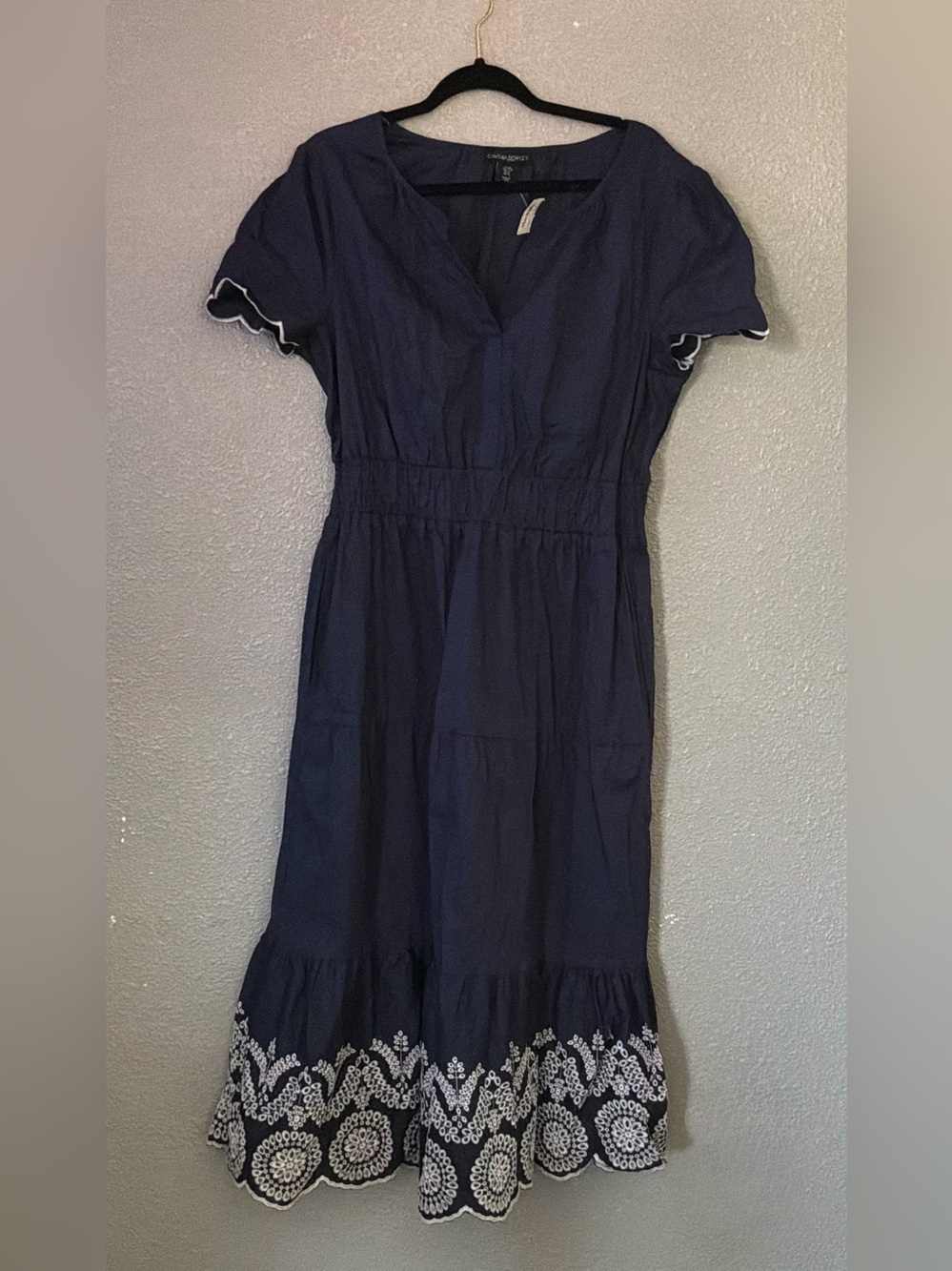 Cynthia Rowley Navy Midi Dress with White Embroidered Hem